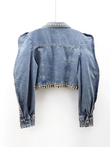 Women's Retro Rivet Long Sleeve Denim Jacket Colored Rhinestone Denim Jacket2