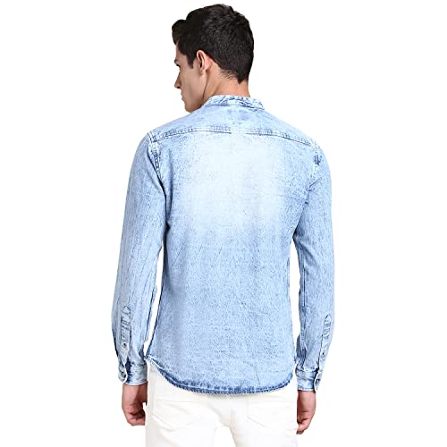 Image of Dennis Lingo Men's Solid Denim Cotton Slim Fit Full Sleeve Mandarin Collar Casual Shirt