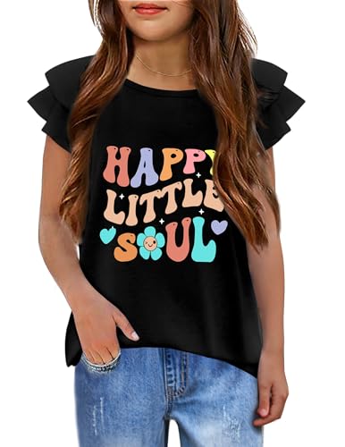 Image of Girls T Shirts Ruffle Short Sleeve Round Neck Loose Blouse Summer Solid Color Casual Girl Tee Tops for 3-12 Years