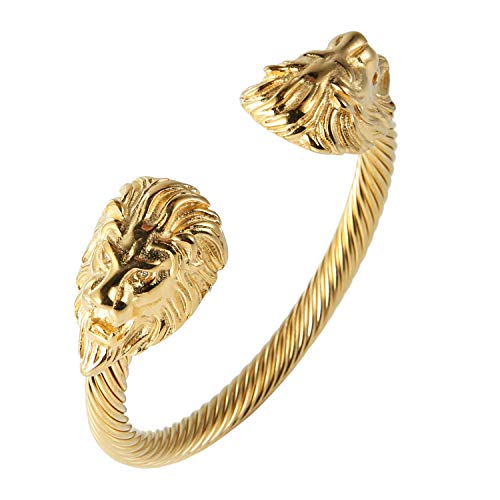 Hzman Mens Lion Cz Eyes Bracelet Cable Wire Bangle Stainless Steel Gold Plated Biker Punk（Gold） #TOP28
