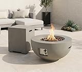 HillAethel 28-inch Round Fire Pit Table with Propane Tank Table,Set-2-Piece,Light Concrete Fire Pit Bowl with Free Lava Rocks, Rain Cover and Burner Lid, for Outside Patio, Garden, Deck, Light Grey