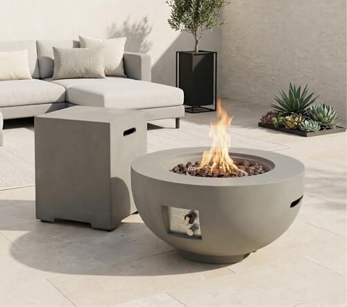 HillAethel 28-inch Round Fire Pit Table with Propane Tank Table,Set-2-Piece,Light Concrete Fire Pit Bowl with Free Lava Rocks, Rain Cover and Burner Lid, for Outside Patio, Garden, Deck, Light Grey