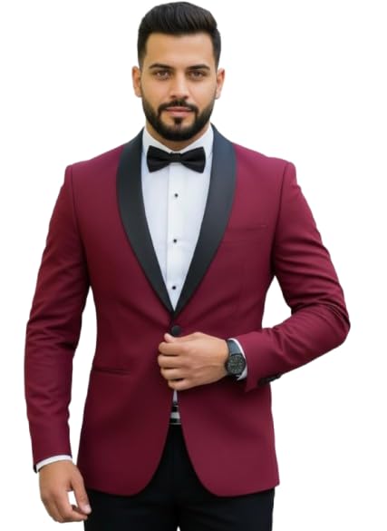 Men's Tuxedo Blazer, Maroon with Black Shawl Lapel, Formal Dinner Jacket