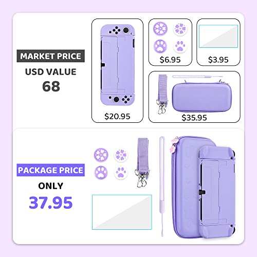 9 In 1 Carrying Case For Nintendo Switch Oled, Gldram Cute Accessories Kit With Travel Case, Hard Pc Cover, Glass Screen Protector, Thumb Grip Caps, Wrist Band, Shoulder Strap For Girls - Purple #TOP6