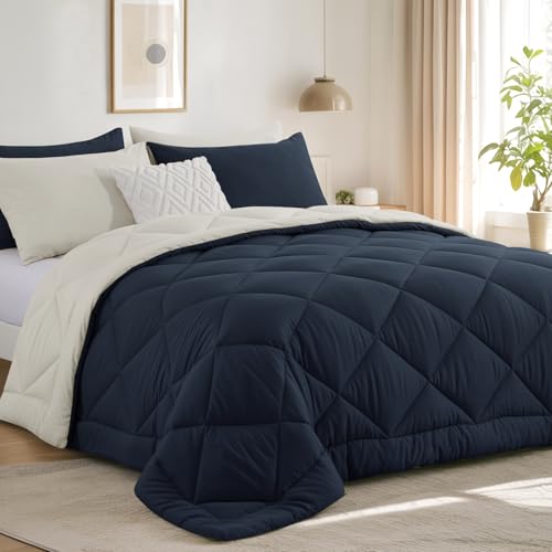 RUIKASI Coverless Duvet Double 10.5 Tog - Reversible Comforter with 2 Pillowcases, 200x200cm Quilt Lightweight and Warm All Season 400GSM Filling, Navy Blue and Beige