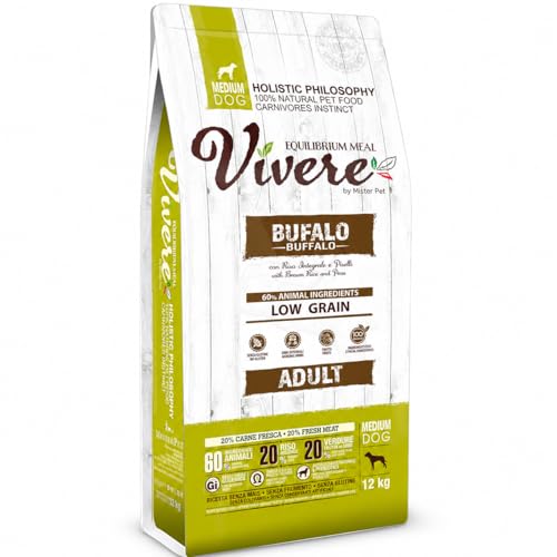 Vivere Adult Medium Crocchette Cane Adulto con Bufalo, Mangime Secco Low Grain Gluten Free per Cani Taglia Media, Alimento Completo con Omega 3, Prebiotici, Frutta ed Erbe, 12 kg