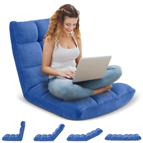 Image of Folding Floor Gaming Chair 14-Poistion Cushioned Adjustable Floor Lazy Sofa Chair w /Breathable Cotton & Skin-Friendly Velvet for Adults & Kids Perfect for Reading Gaming Meditating, Babyblue