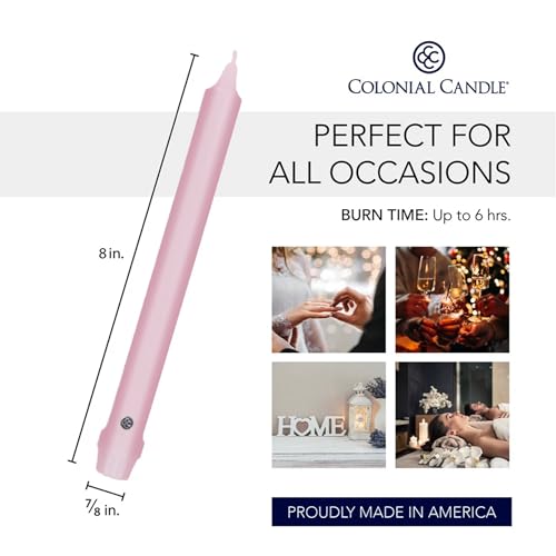 Image of Colonial Candle Unscented Taper Candle, Classic Collection, Persian Pink, 8 in, Pack of 12 - Up to 6 Hours Burn