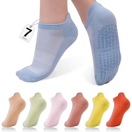 ZenBeya 7 Pairs Pilates Socks with Grips for Women, Ankle Yoga Socks Non Slip, Colorful Grippy Socks for Barre Ballet Gym Hospital, 2