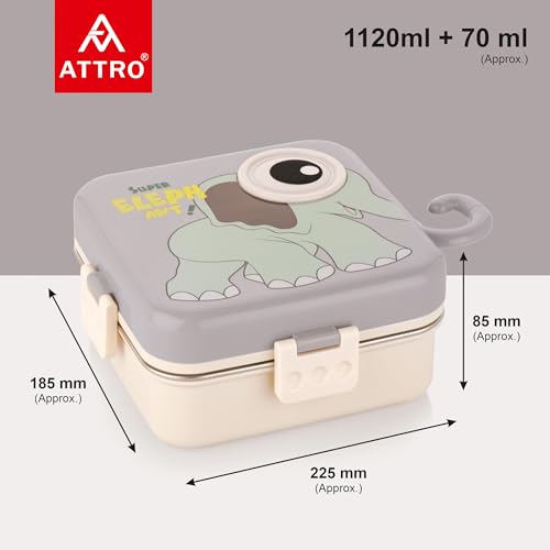 Image of ATTRO Carnival Super Elephant Lunch Box 2 Layer Stainless Steel Lunch Box Comes with 1 Detachable Tray, 1 Small Container & 1 Spoon Ideal for Kids BPA Free 1120ml+70ml- Grey