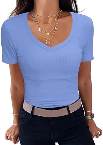 Aottori T-Shirt Damen V-Ausschnitt Gerippt Basic Top Kurzarm Sommer | Rippshirt, Oberteile, Slim Fit, Stretch, Eng, Elegant, Casual, Einfarbig, für Alltag Freizeit Büro