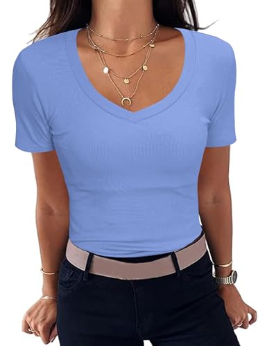 Aottori Basic Shirt Damen Kurzarm T-Shirt mit V-Ausschnitt Sommer Oberteile Slim Fit Kurzarmshirt Eng Tops Tee Shirts Elegant Hellblau M