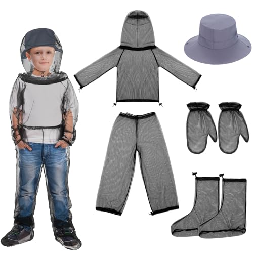 Threehoney Kids Mosquito Outdoor Suit Bug Net Pants & Jacket with Hood Fishing Hat Mitt Socks for Girls Boys Camping Hiking (Gray, Large)
