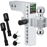 Rhino USA Adjustable Trailer Hitch (Fits 2-Inch Receiver)-Heavy Duty Aluminum Tow Hitches with 10-Inch Drop/Rise for Truck (12,500 LBS GTW) - Weatherproof Double Anti-Theft Locking Hitch Pins (Silver)