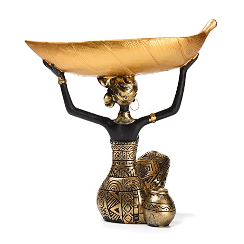 Brabud Resin Traditional Ethnic Dress Black Woman Statue With Leaf Shape Tray Suitable For Candy Jewelry Ring Fruit Decoration For Living Room Dining Table Bedroom Tqgjbs338 #TOP4