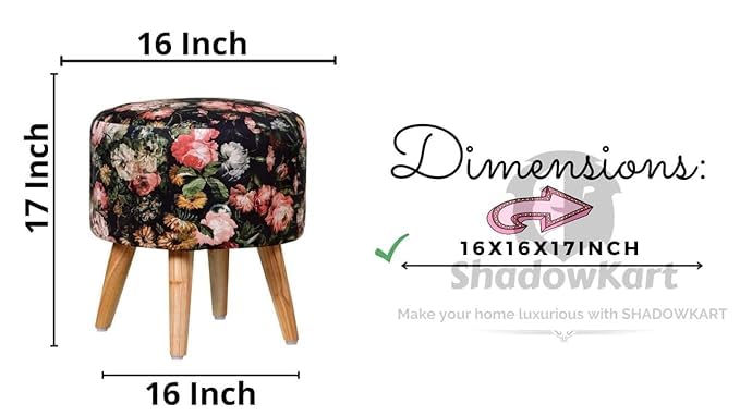 Image of Ottoman for Living Room, Velvet Round Foot Rest Stool, Wooden Legs Chair for Sitting, Ottoman for Bedroom & Makeup Room Decor | Chair (18 inchx18 inchx32 inch), Puffy (16 inchx16 inchx17 inch) | Black Rose