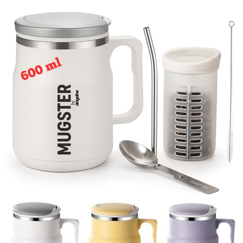 ANGAHE creating moments | Termo Café y Té Portátil 600ml, Sin BPA, Aluminio 304, Taza Térmica Reutilizable para Viaje u Oficina | Mantiene Frío y Calor | Con Cuchara Plegable, Pajita aluminio.