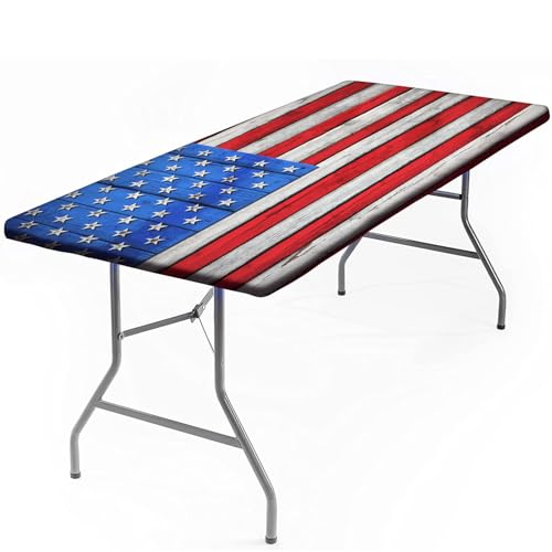 Grstplnk American Flag Elastic Edge Fitted Tablecloth, Wood Texture Print Rectangle Table Cover, Stretched to Fit 48 x 24 in Table, for Parties, Indoor Dinner, Outdoor Picnic Use by Grstplnk - Used condition - US$19.72