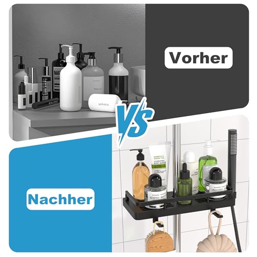 DIYGEEK Duschablage für Duschstange Schwarz, Duschregal ohne Bohren, Badezimmer Dusche Rack Verstellbar Höhe, Für Duschstange mit Durchmesser von 18mm - 25mm, 1 Stück