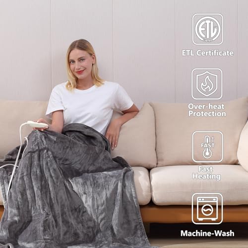 Image of Tefici Electric Heated Blanket Throw, Super Cozy Soft 2-Layer Flannel 50 inch x 60 inch Heated Throw with 6 Heating Levels & 4 Hours Auto Off, Machine Washable, ETL&FCC Certified, Home Office Use,Grey