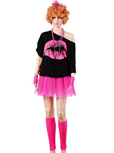 80s Costume Accessories Set, T-Shirt Tutu Headband Earring Necklace Leg Warmers (Medium, Rose Red)…