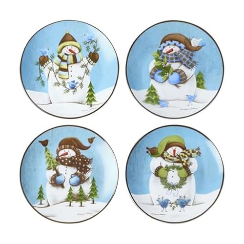 Pfaltzgraff Evergreen Ernie Snowman Porcelain Salad Plates, Set of 4, 8 Inch, Blue
