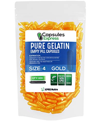 XPRS Nutra Size 4 Empty Capsules - Small Empty Gelatin Capsules - Capsules Express Empty Pill Capsules - DIY Capsule Filling - Bovine Pill Capsules Empty Gel Caps (100 Count, Gold)