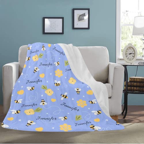 Custom Blanket With Name Funny Cute Bee Blanket For Kids Blue Blanket Fluffy Warm Soft Flannel Throw Blanket All Season Lightwight Durable Blanket For Bed Sofa Couch Office 32"X48" #TOP1