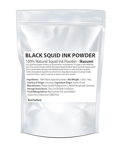Ikasumi Black Squid Ink Powder - 100% Squid Cuttlefish Ink Powder | Pure, Powdered & Genuine Black Ink Ikasumi - Used as a Natural Black Food Coloring