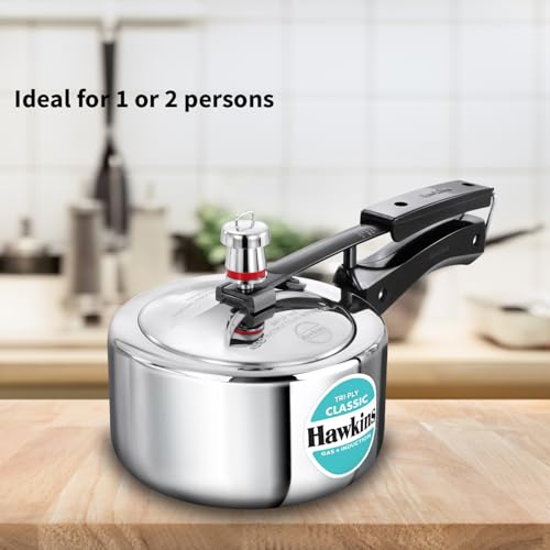 Image of Hawkins Classic 1.5 Litre Triply Stainless Steel Pressure Cooker | Straight Body | Induction & Gas Compatible | Ideal for 1-2 persons | ISI Certified | Guaranteed for 5 year | Silver (SSTCL15)