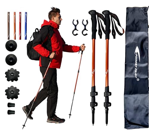 FOREST PILOT Trekking Poles - Lightweight 7075 Aluminum with Flip Lock & All Terrain Accessories - Pair of 2 Walking Sticks for Hiking with EVA Grip-Orange