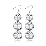 60'S 70'S Silver Mirror Disco Ball Drop Dangle Earrings Hook Chain Cool Punk for Women Classic Dance Party Halloween Costume Jewelry-Long 3 Balls
