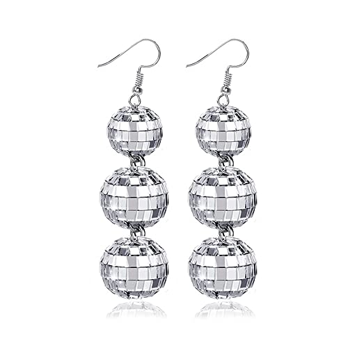 60S 70S Silver Mirror Disco Ball Drop Dangle Earrings Hook Chain Cool Punk for Women Classic Dance Party Halloween Costume Jewelry-Long 3 Balls