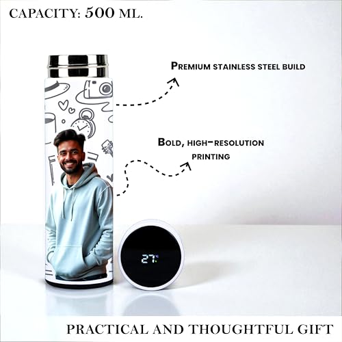 Image of Savri Personalized Stainless Steel White Water Bottle with Your Photo /Wishes /Logo Printed Best for School Going Kids /Return Gift /Christmas /New Year /Festival Gift Item | 500ml (Him)
