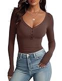 Meetrendi Women's Long Sleeve V Neck Shirt Sexy Henley Tight Slim Fitted Going Out Top Ribbed Button Fall Fashion 2025 Coffee