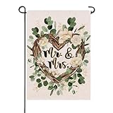 Artofy Mr. and Mrs. Just Married Small Decorative Garden Flag, Romantic Wedding Love Heart Flowers Wreath Yard Lawn Outside Decor, Engagement Anniversary Outdoor Home Decoration Double Sided 12 x 18