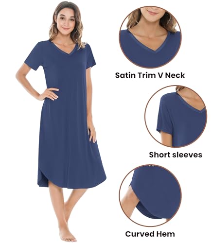 Image of NACHILA Nightgowns for Women-Viscose Made from Bamboo, V Neck Sleepshirts Short Sleeve Sleepwear Cool Nightshirt