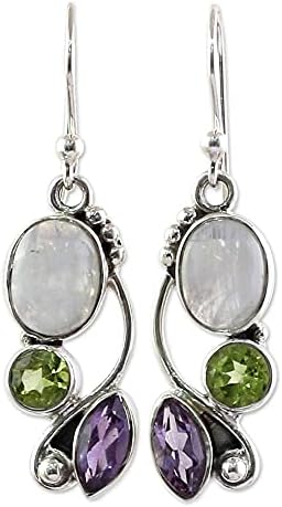 NOVICA Handmade Natural Glamour - Peridot Amethyst Multi-Gemstone Dangle Earrings, Sterling Silver Hook Earrings For Women, Gift for Valentine.