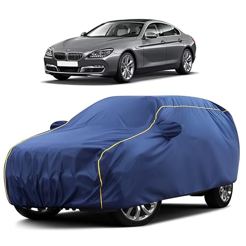 Image of Sulfar 100% Water Resistant Car Body Cover Compatible with Mirror for BMW 640D (Triple Stitched, Full Bottom Elastic, Blue Taffeta with Yellow Piping)