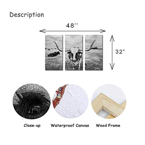 Vividhome 3 Pieces Animal Canvas Wall Art Black And White Texas Longhorn Bull Picture Prints Cow Painting Stretched Home Living Room Farmhouse Wall Decoration #TOP5