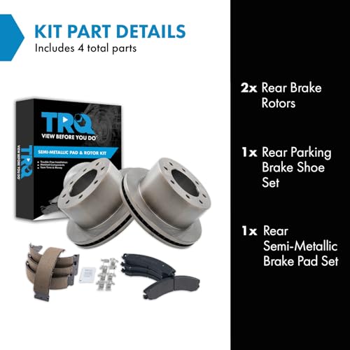 Image of TRQ Rear Brake Pad & Rotor Kit Parking Brake Shoe Set Semi-Metallic Compatible with 2013-2017 Chevrolet Silverado 3500 HD GMC Sierra 3500 HD