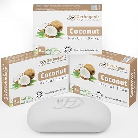 HERBOGANIC Coconut Herbal Soap | Pack of 3 of 5oz soap Bar | Natural Bar Soap for Face and Body | Hydrating and Nourishing | Suitable for Men and Women Cover