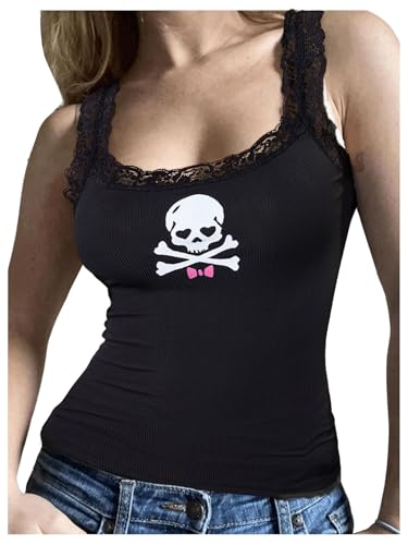 Floerns Women's Gothic Skull Print Sleeveless Cami Lace Trim Rib Knit Camisole Top Black Large