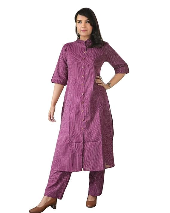 Image of Avayayat Stylish Katha Cotton Co-ord Set For Women - Shirt Style Kurti with Pants, 2peice Kurta With Trouser Casual Wear Brown