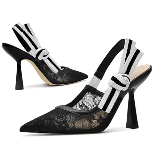 Image of HOCHFART Women's Slingback Kitten Heels Closed Pointed Toe Slip On Pumps | Bowknot, Elastic Slingback Strap, Office, Wedding, Bridal, Formal, Events, Church, Gathering, Casual Outing