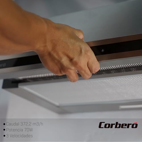 Corberó MAKALU640X Teleskophaube Inox&Schwarz, 60 cm, Durchflussmenge 400 m³/h, Leistung 65 W, 3 Geschwindigkeiten, Aluminiumfilter 3 Schichten, Kohlefilter, Energieeffizienz A