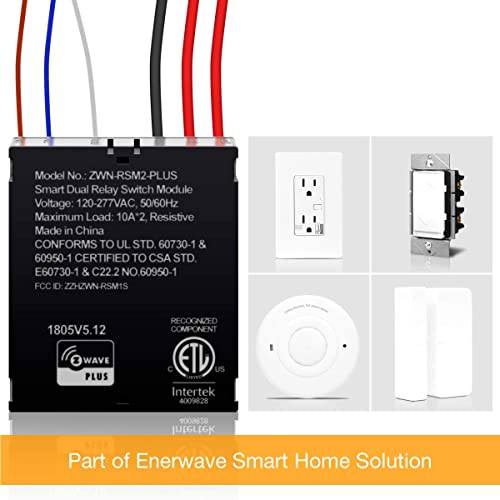 Enerwave Zwn-Rsm2-Plus-New Z-Wave Plus Dual Module, Hidden Smart Switch, Single Pole, 120-277Vac, 10A Per Relay, Neutral Wire Required, Zwn-Rsm2-Plus, Black (New Version), White #TOP4
