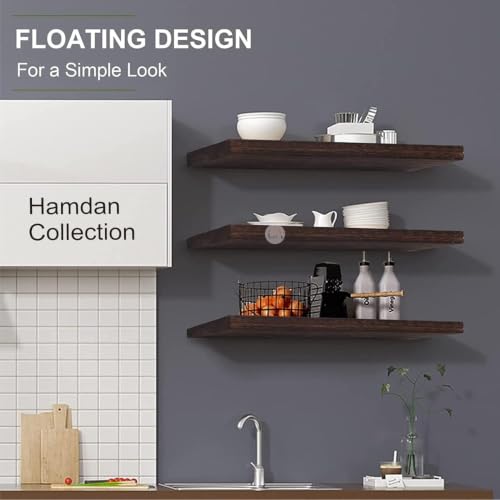 Image of Hamdan Collection Floating Shelves, 24 Inch Wall Shelf Set of 2, Rustic Wood Shelves for Wall Storage, Wall Mounted Wooden Display Shelf for Bathroom Bedroom (Brown 17, S3 17 Inch B)