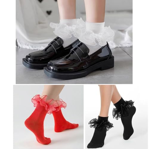 Image of Women Big Ruffle Ankle Socks Adult Double Lace Frilly Turn Cuff Dress Socks Cotton Cute Fancy Bobby Crew Socks