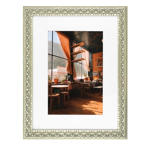Image of Golden State Art, 12X16 Ornate Finish Photo Frame with White Mat for 8X12 Picture & Real Glass, Color: Silver Beige